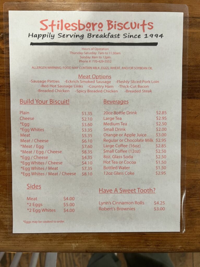 Stilesboro Biscuits Menu 1